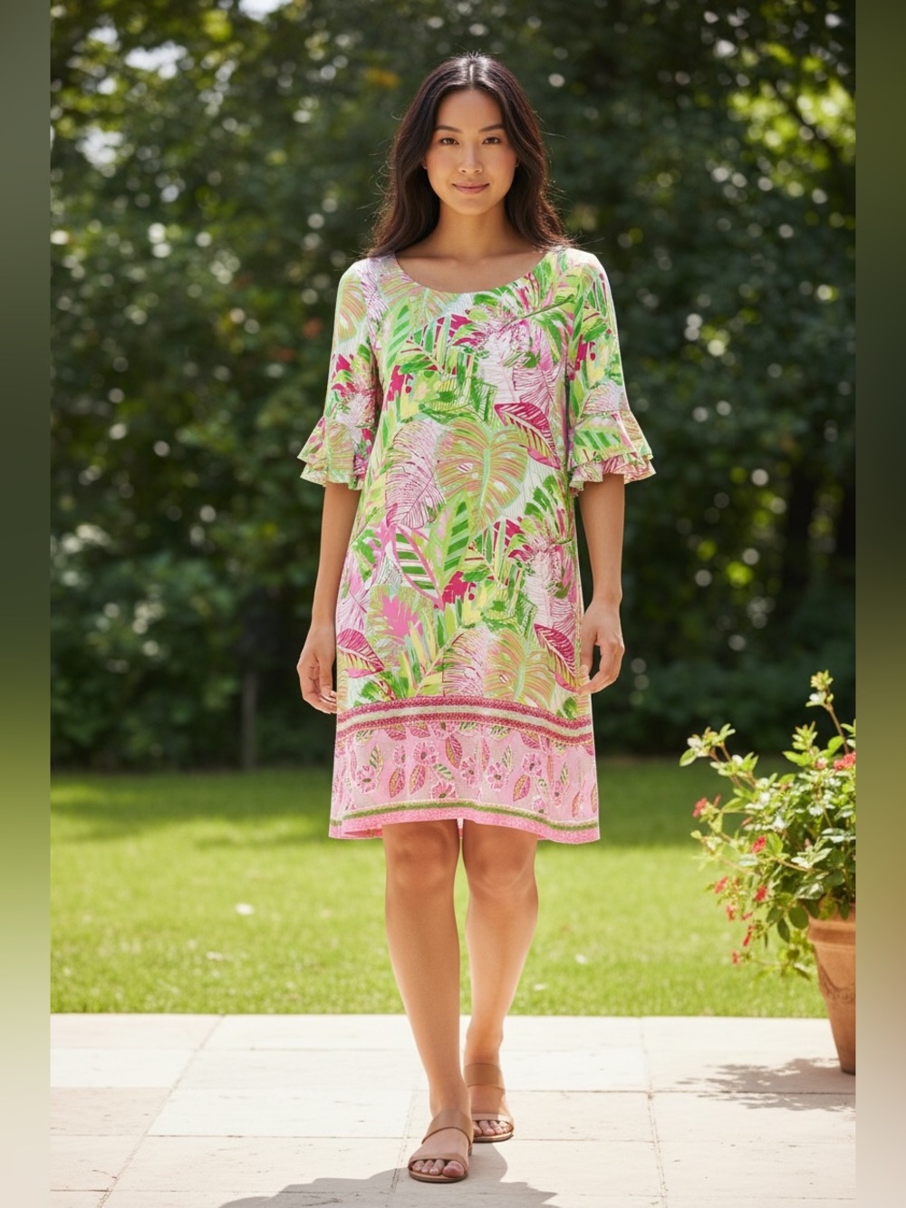 Pappagallo Pink & Green Botanical Ruffle Sleeve A-Line Dress Medium